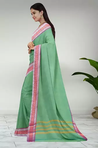 Sea green & orchid pink chettinad cotton saree with running blouse