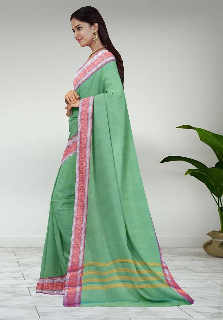 Sea green & orchid pink chettinad cotton saree with running blouse