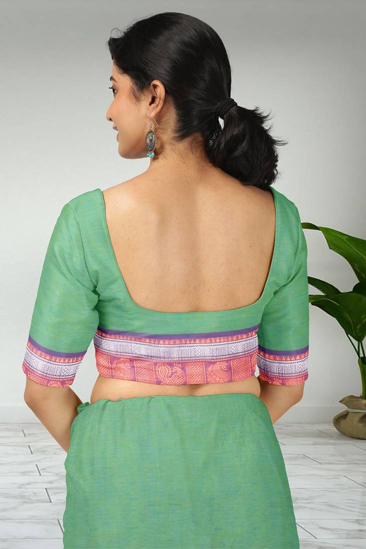 Sea green & orchid pink chettinad cotton saree with running blouse