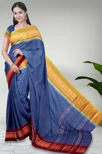 Dark slate blue & dark magenta  chettinad cotton saree with running blouse
