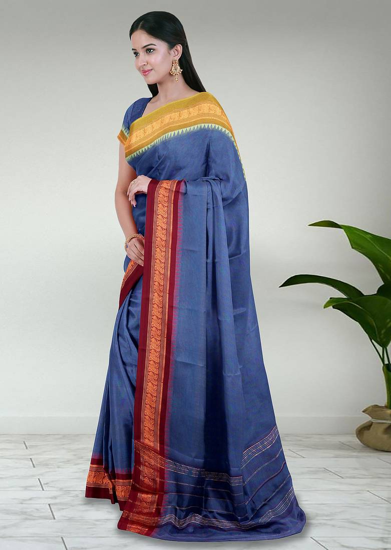 Dark slate blue & dark magenta  chettinad cotton saree with running blouse