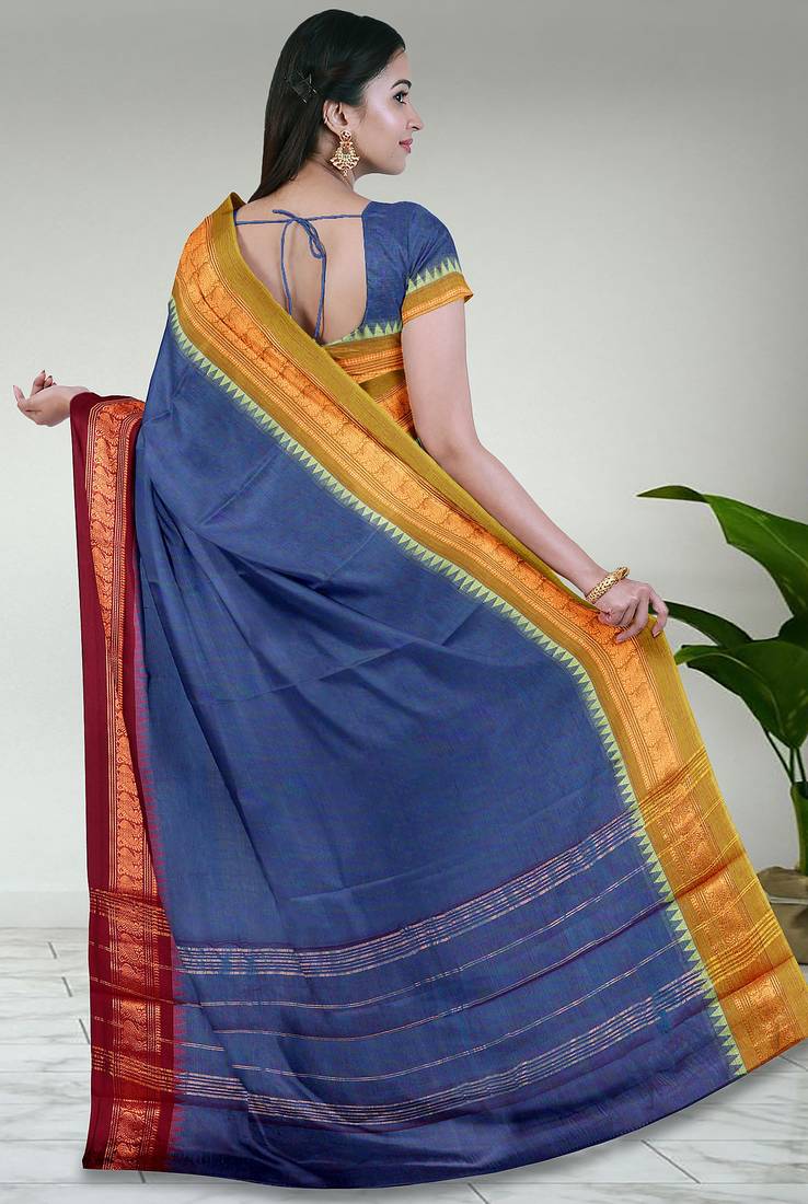Dark slate blue & dark magenta  chettinad cotton saree with running blouse