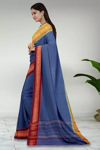 Dark slate blue & dark magenta  chettinad cotton saree with running blouse