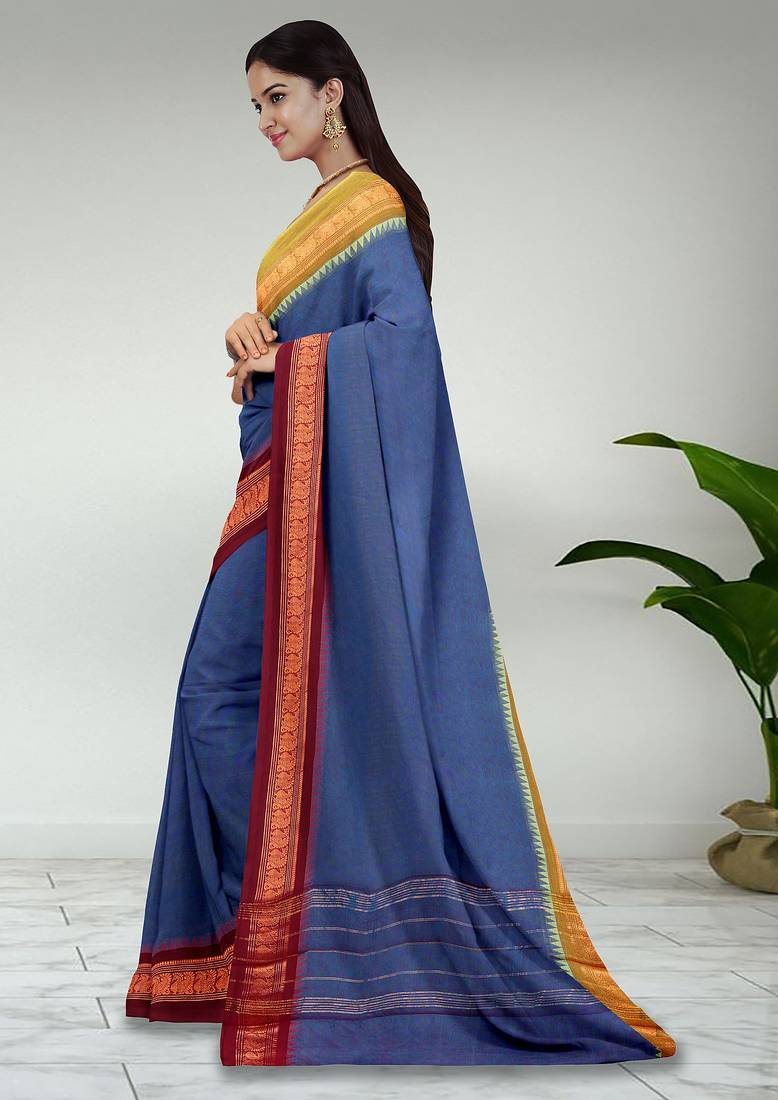 Dark slate blue & dark magenta  chettinad cotton saree with running blouse