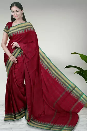 Jarosite olive green & dusty indigo blue chettinad cotton saree with running blouse