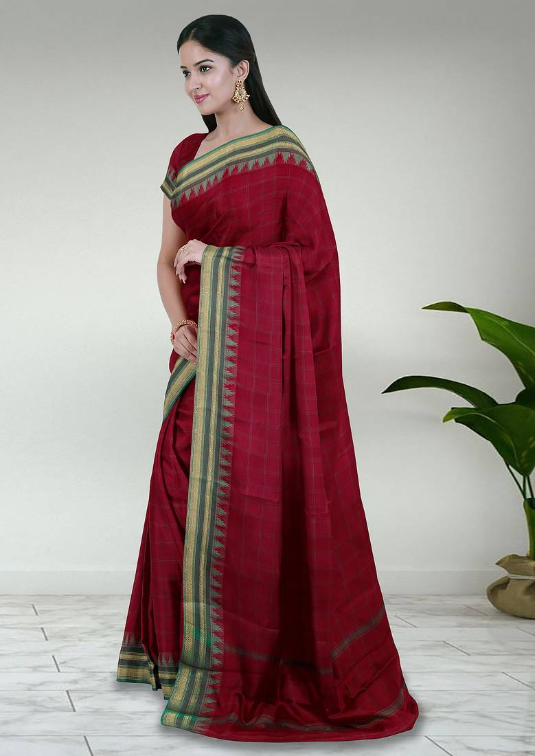 Jarosite olive green & dusty indigo blue chettinad cotton saree with running blouse