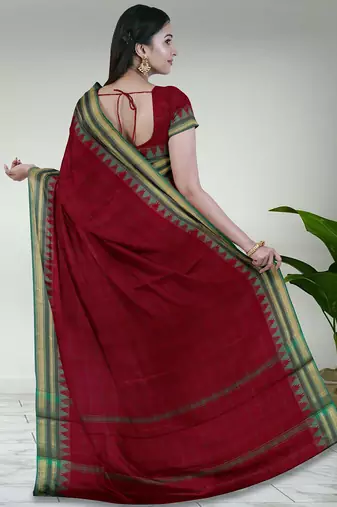 Jarosite olive green & dusty indigo blue chettinad cotton saree with running blouse