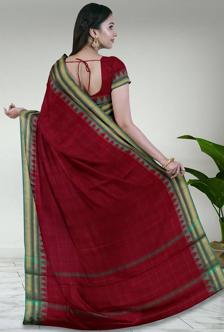 Jarosite olive green & dusty indigo blue chettinad cotton saree with running blouse