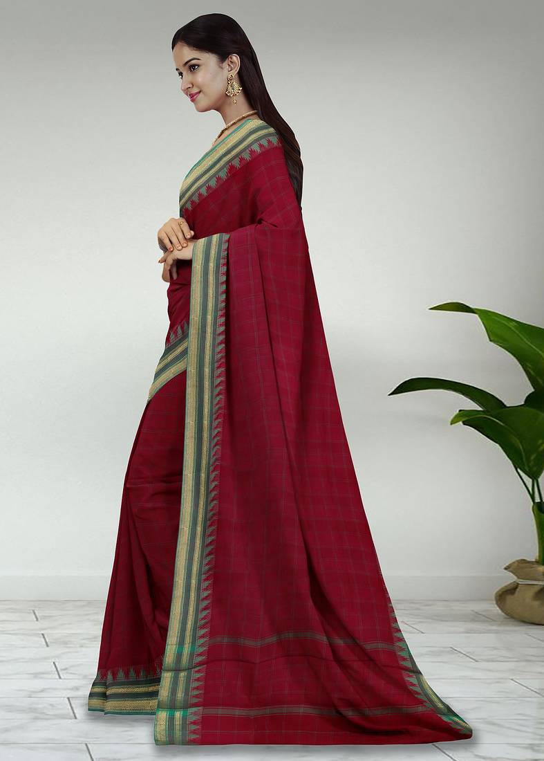 Jarosite olive green & dusty indigo blue chettinad cotton saree with running blouse