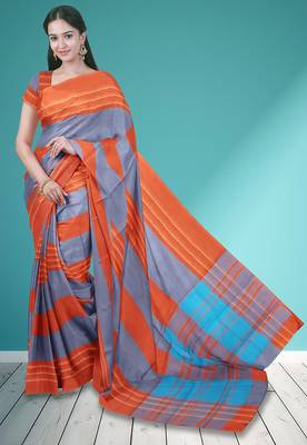 Orange ember & misty slate blue chettinad cotton saree with running blouse 1