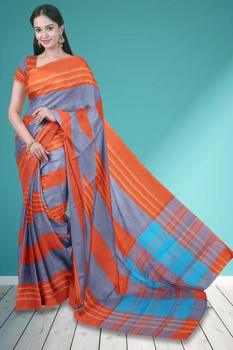 Orange ember & misty slate blue chettinad cotton saree with running blouse