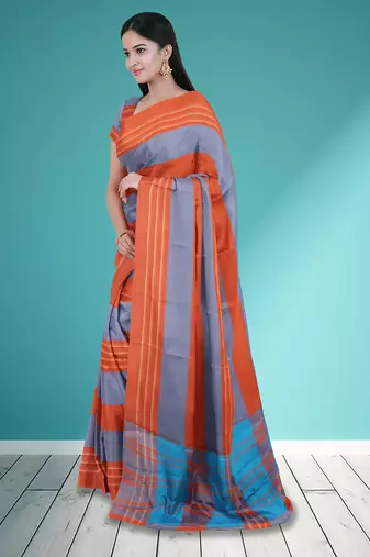Orange ember & misty slate blue chettinad cotton saree with running blouse
