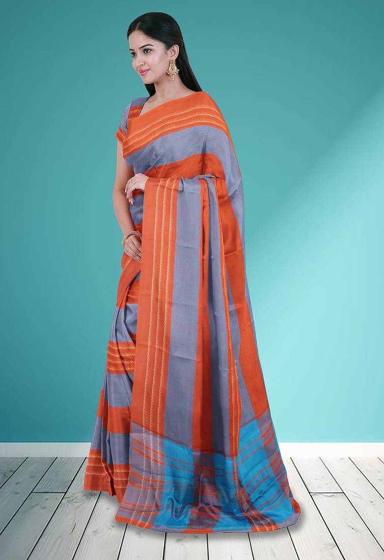 Orange ember & misty slate blue chettinad cotton saree with running blouse