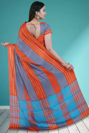 Orange ember & misty slate blue chettinad cotton saree with running blouse