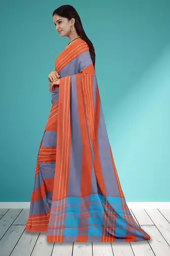 Orange ember & misty slate blue chettinad cotton saree with running blouse