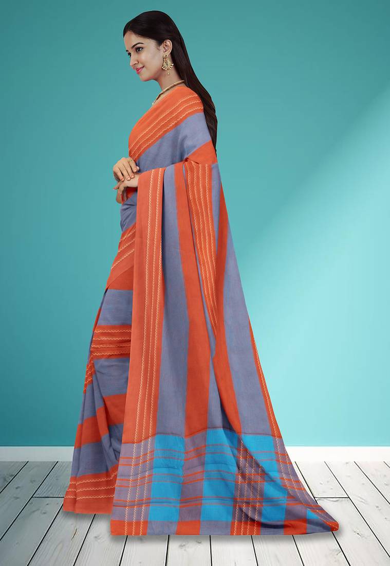 Orange ember & misty slate blue chettinad cotton saree with running blouse