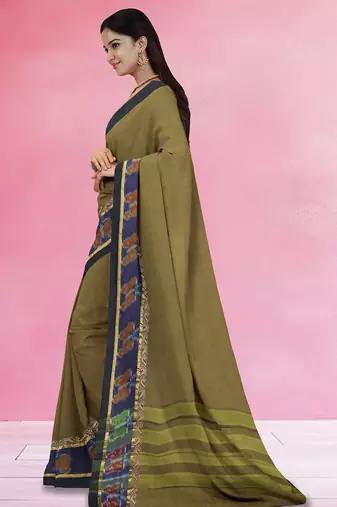 Rich dark red & jade green chettinad cotton saree with running blouse