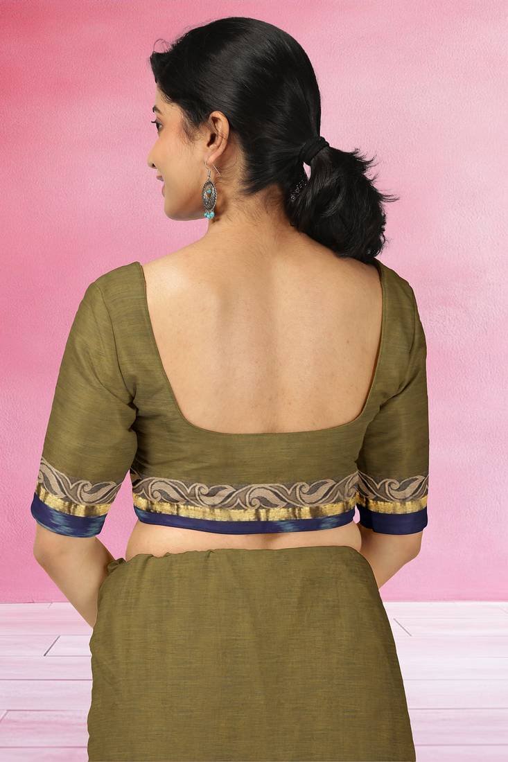 Rich dark red & jade green chettinad cotton saree with running blouse