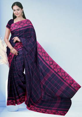 Midnight navy blue & fuchsia pink chettinad cotton saree with running blouse 1