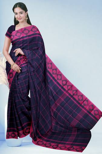 Midnight navy blue & fuchsia pink chettinad cotton saree with running blouse