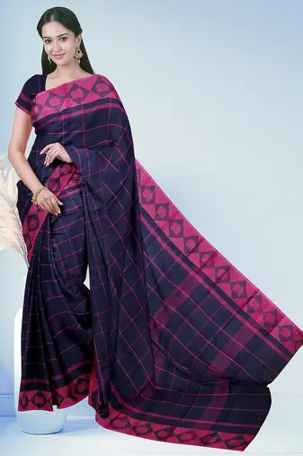 Midnight navy blue & fuchsia pink chettinad cotton saree with running blouse