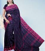 Midnight navy blue & fuchsia pink chettinad cotton saree with running blouse