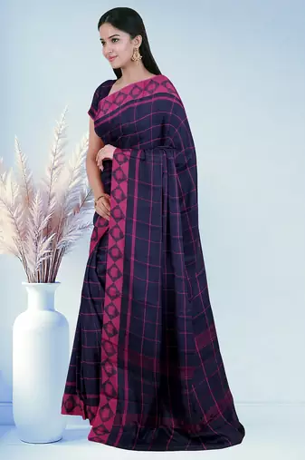 Midnight navy blue & fuchsia pink chettinad cotton saree with running blouse