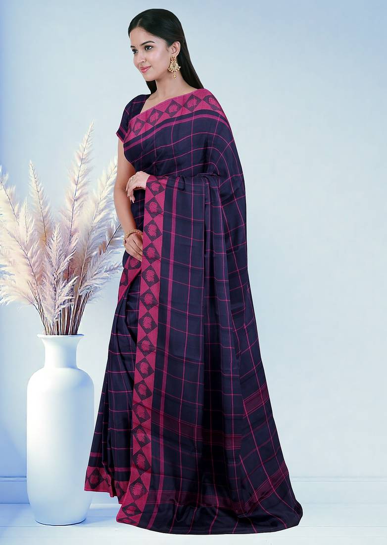 Midnight navy blue & fuchsia pink chettinad cotton saree with running blouse