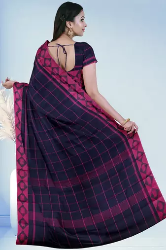 Midnight navy blue & fuchsia pink chettinad cotton saree with running blouse