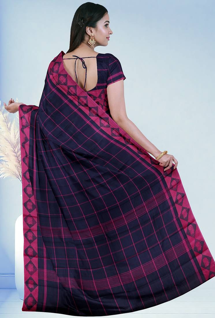 Midnight navy blue & fuchsia pink chettinad cotton saree with running blouse