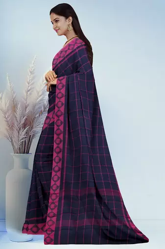 Midnight navy blue & fuchsia pink chettinad cotton saree with running blouse
