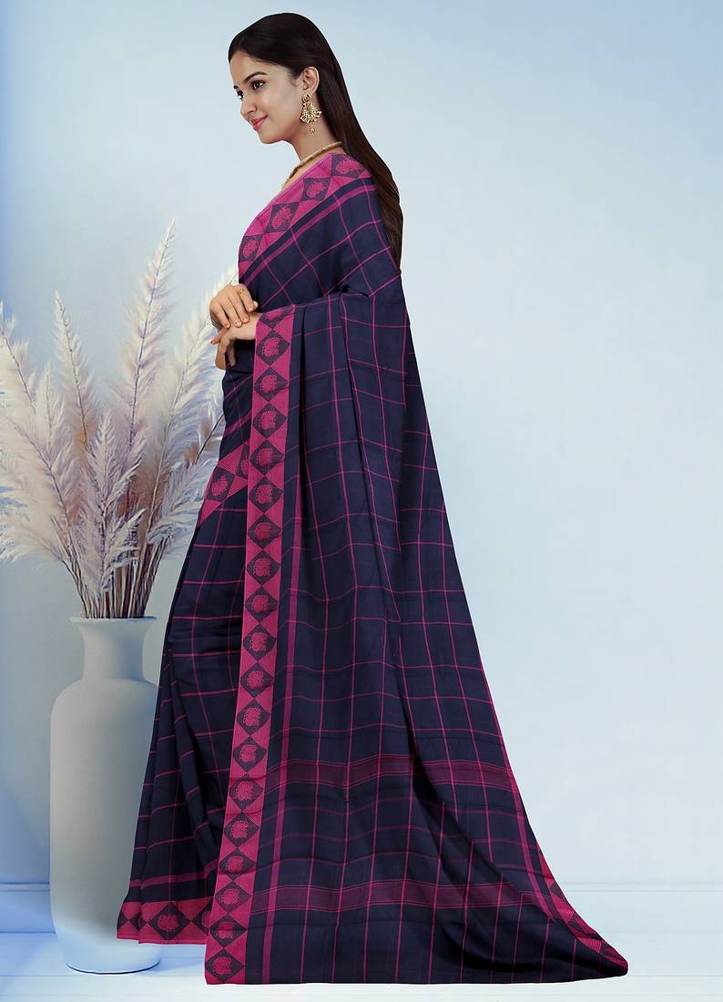 Midnight navy blue & fuchsia pink chettinad cotton saree with running blouse