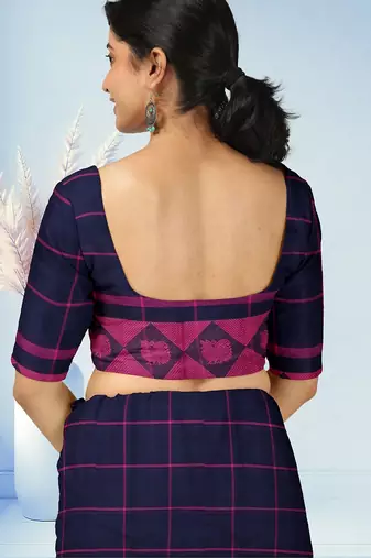 Midnight navy blue & fuchsia pink chettinad cotton saree with running blouse