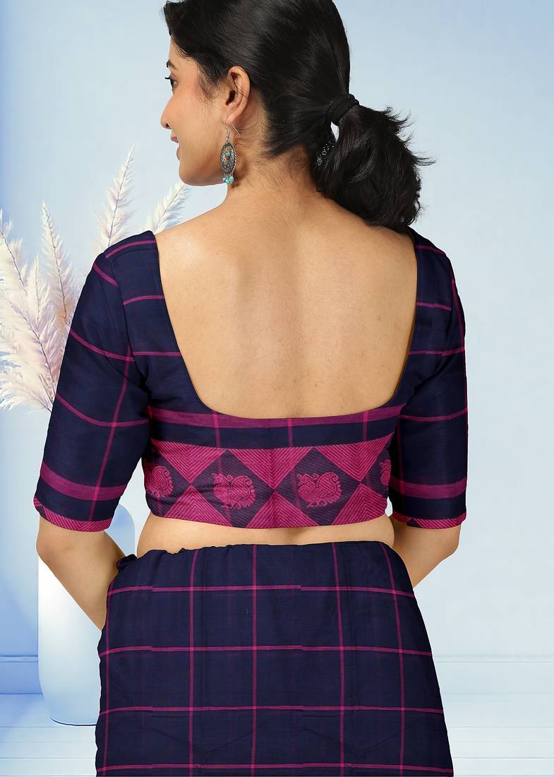 Midnight navy blue & fuchsia pink chettinad cotton saree with running blouse