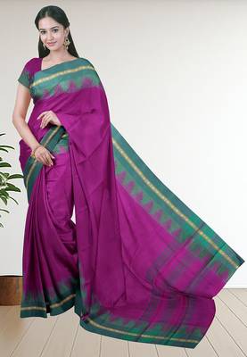Dark orchid purple & teal jade green chettinad cotton saree with running blouse 1