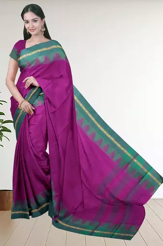 Dark orchid purple & teal jade green chettinad cotton saree with running blouse