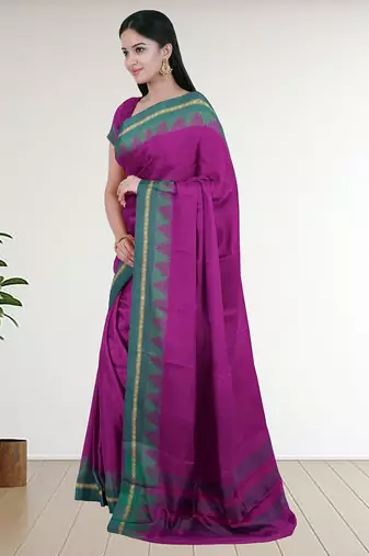 Dark orchid purple & teal jade green chettinad cotton saree with running blouse