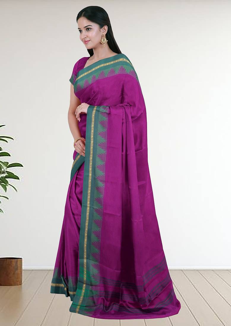 Dark orchid purple & teal jade green chettinad cotton saree with running blouse