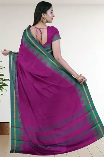 Dark orchid purple & teal jade green chettinad cotton saree with running blouse