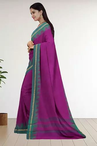 Dark orchid purple & teal jade green chettinad cotton saree with running blouse
