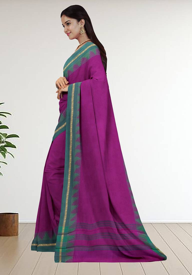 Dark orchid purple & teal jade green chettinad cotton saree with running blouse