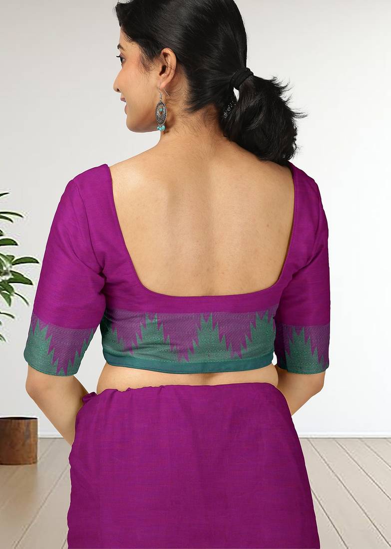 Dark orchid purple & teal jade green chettinad cotton saree with running blouse