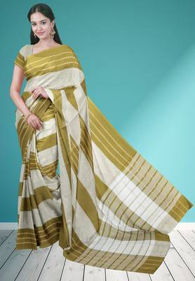 Olive moss green & soft ivory white chettinad cotton saree with running blouse 1