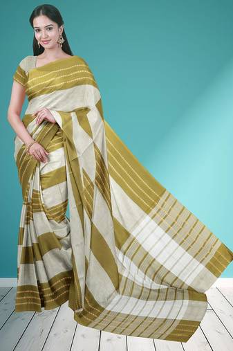 Olive moss green & soft ivory white chettinad cotton saree with running blouse