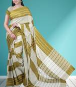 Olive moss green & soft ivory white chettinad cotton saree with running blouse