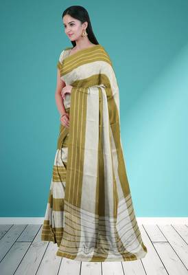 Olive moss green & soft ivory white chettinad cotton saree with running blouse 2