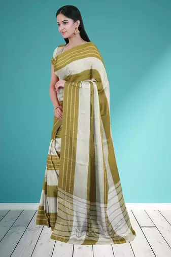 Olive moss green & soft ivory white chettinad cotton saree with running blouse