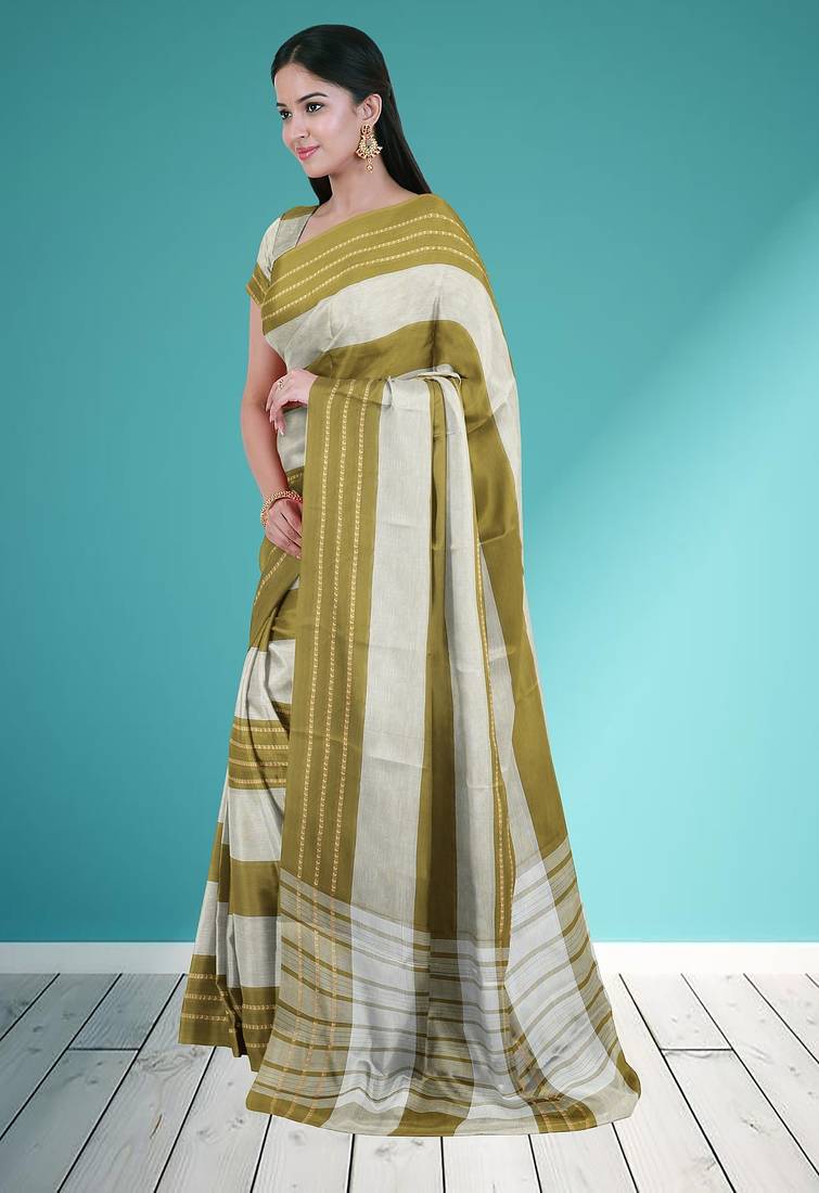 Olive moss green & soft ivory white chettinad cotton saree with running blouse