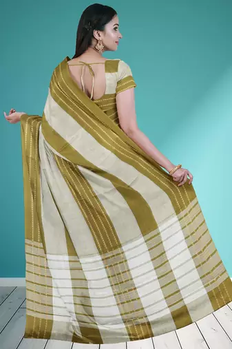 Olive moss green & soft ivory white chettinad cotton saree with running blouse