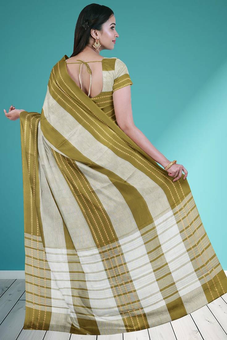 Olive moss green & soft ivory white chettinad cotton saree with running blouse